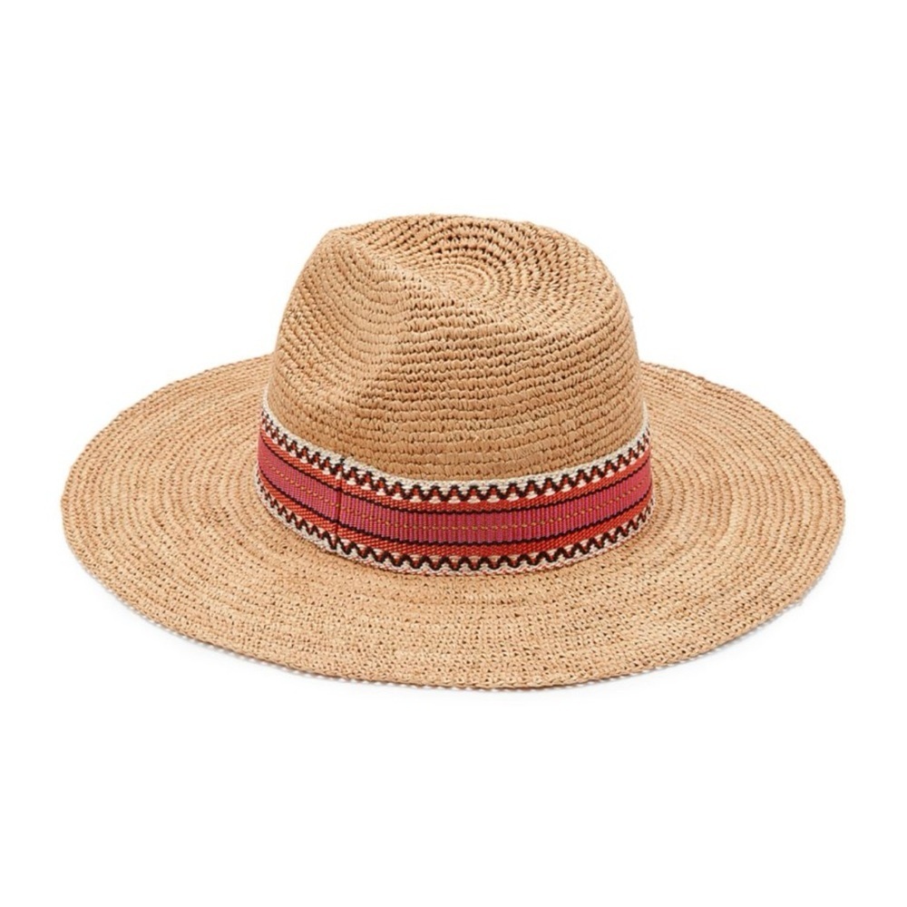 STELLA MCCARTNEY LOGO RAFFIA PANAMA TAN STRAW HAT RED STITCHED BAND SIZE: 56 - Picture 5 of 8